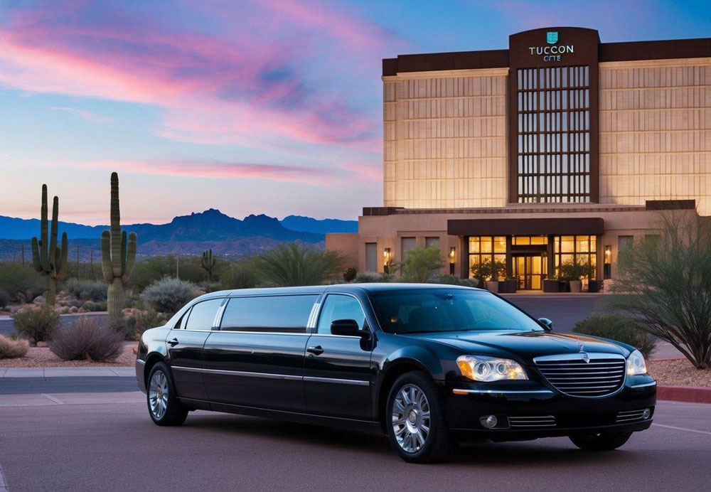 A sleek black limousine parked outside a luxury hotel in downtown Tucson, Arizona, with the city's iconic desert landscape in the background
