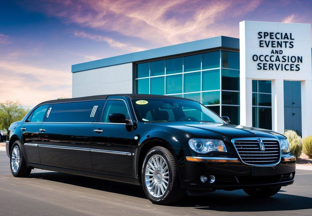 A sleek black limousine parked in front of a modern building with a sign reading "Special Events and Occasion Services" in Tucson, Arizona